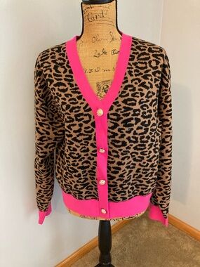 SSYS Leopard Print V-Neck Cardigan Hot Pink Trim Women Size XL
